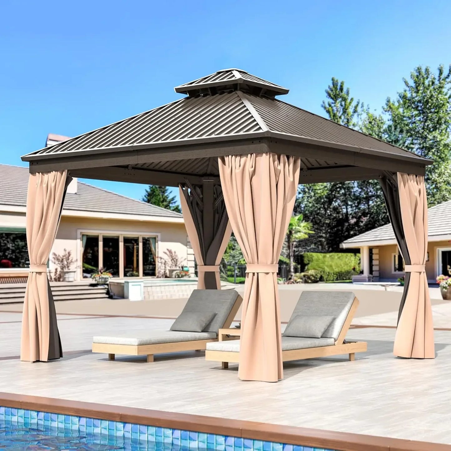 10x12 FT Hardtop Gazebo | Aluminum Frame with Galvanized Steel Double Roof | Permanent Outdoor Gazebo with Nettings and Curtains