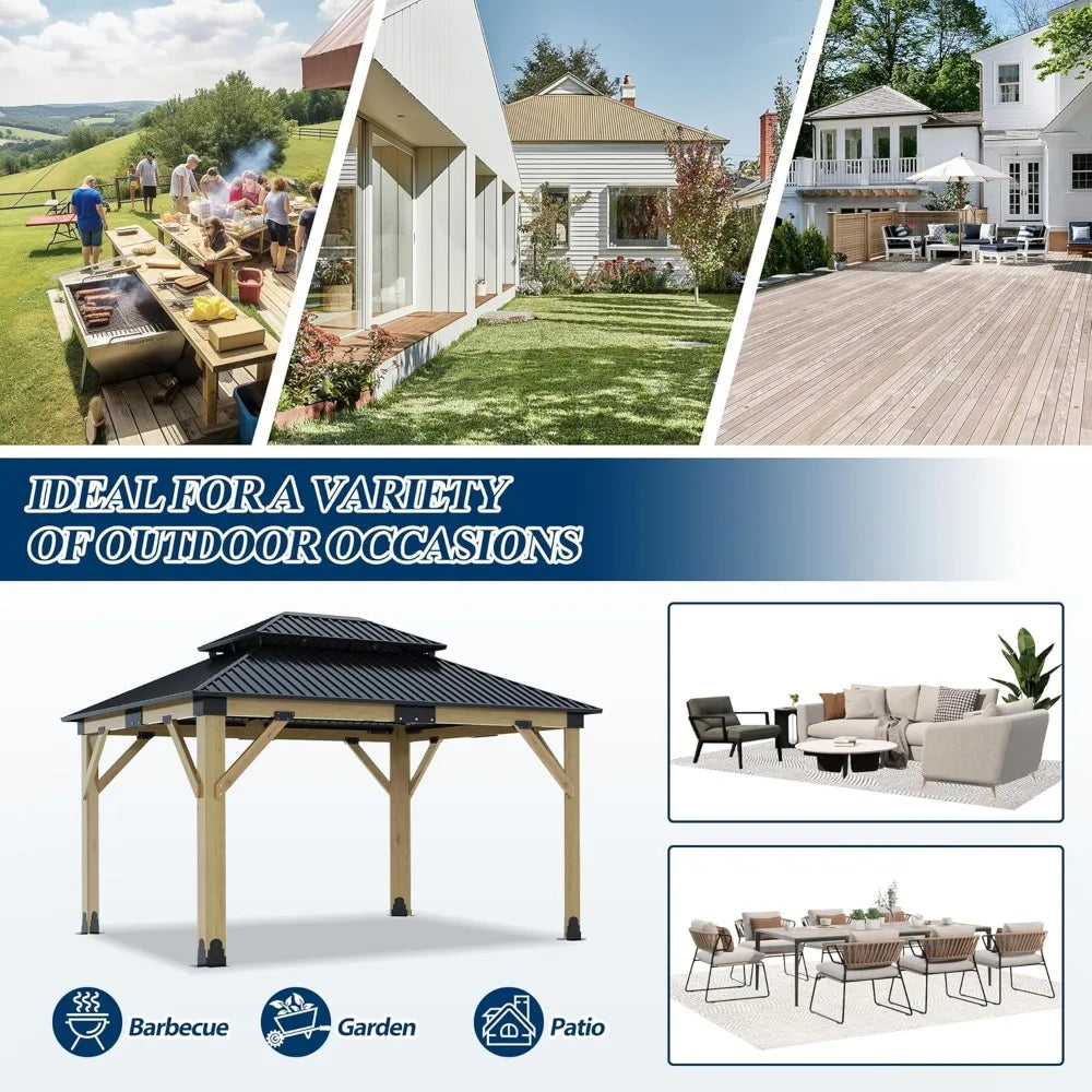 11FT x 13FT Outdoor Cedar Wooden Gazebo | Patio Wood Frame with Galvanized Steel Hardtop | Heavy-Duty Hardtop Gazebo