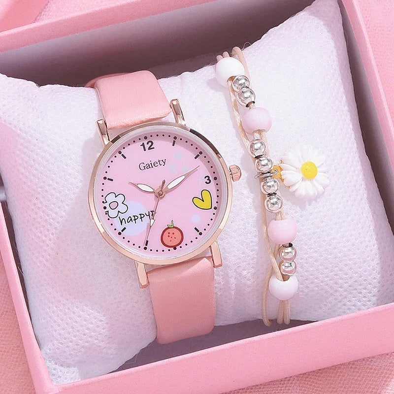 Kids Watches Pink Cute Children's Wristwatch | Cartoon Pattern Quartz Watch Set for Girls | Fashion Students' Clock Relogio Feminino