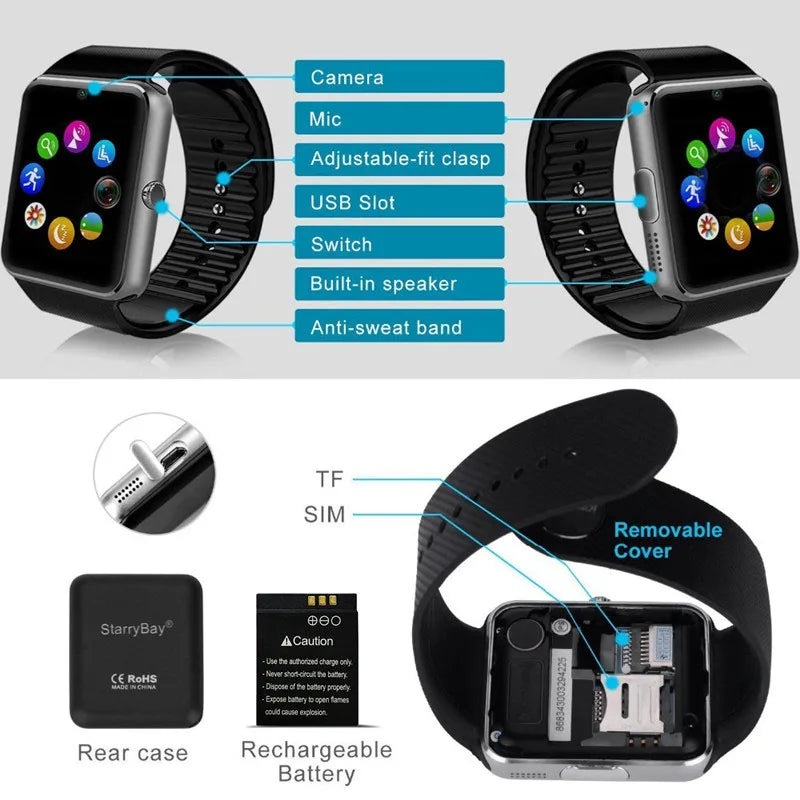 GT08 Smartwatch with Sync Notifier | SIM & TF Card Support | Bluetooth Connectivity | Camera | Sports Tracker | Android-Compatible