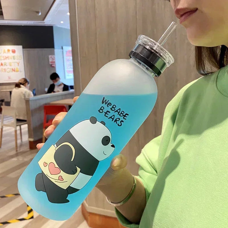 Cartoon Panda Bear Cup 1L Water Bottles | Transparent Cute Drinkware with/without Straw | Frosted Leak-proof Protein Shaker | Alo Trendy