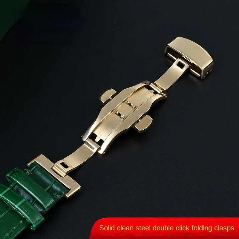 18mm 20mm 22mm High Quality Bamboo Pattern Soft Cowhide Strap | Men's Butterfly Buckle Ostrich Leather Green Watchband Bracelet | Alo Trendy