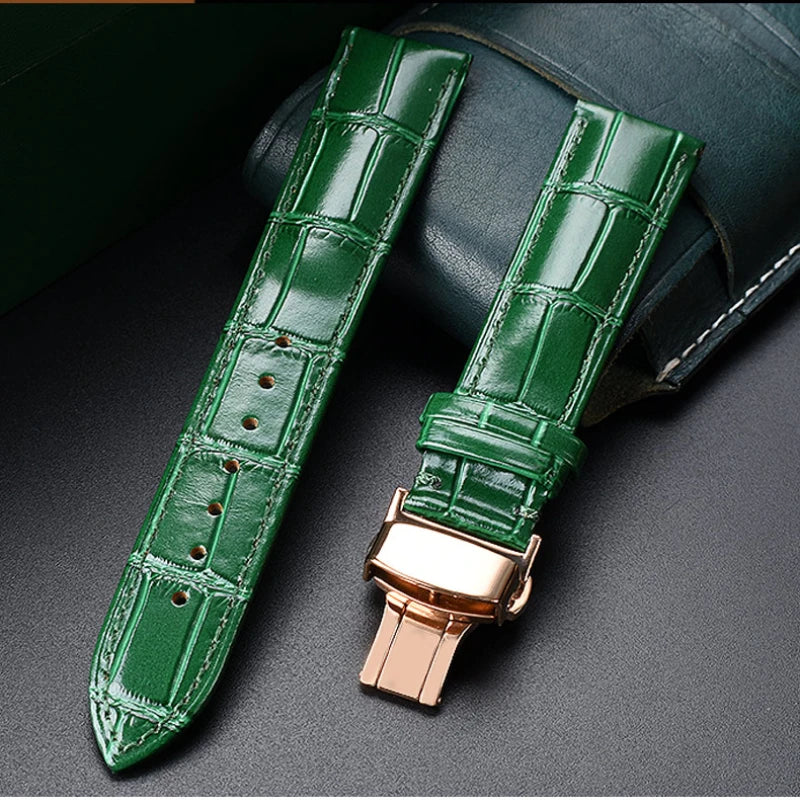 18mm 20mm 22mm High Quality Bamboo Pattern Soft Cowhide Strap | Men's Butterfly Buckle Ostrich Leather Green Watchband Bracelet | Alo Trendy