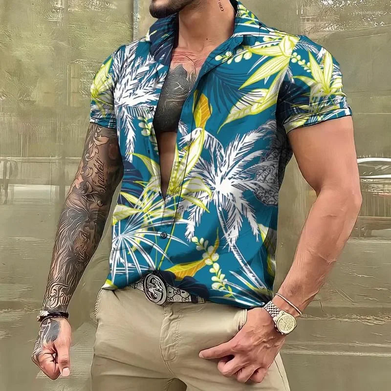 Men's Casual Hawaiian Shirt | 3D Tropical Print Beach Short Sleeve Tops | Oversized Poplin Blouses