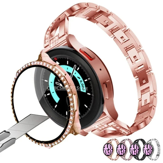 Diamond Strap + Case Protector for Samsung Galaxy Watch 6/5/4 (44mm/40mm) | Jewelry Bracelet Band for Watch 4/5 | 40mm/44mm Frame Cover