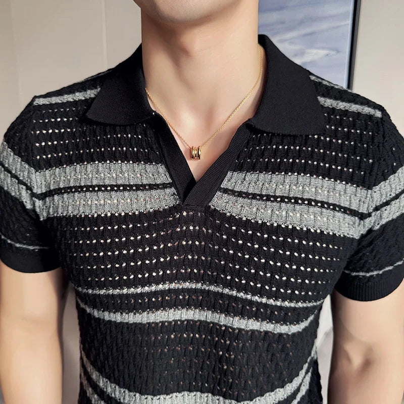 Men Polo Shirt Summer New Thin Knitted Striped Jacquard Patchwork Color Short Sleeved Casual V-neck T-shirt Men Clothing