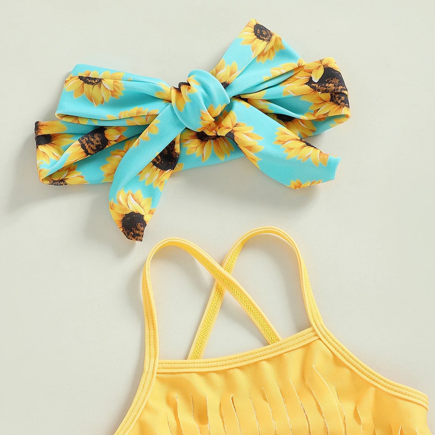 Kids Girls 3 Piece Swimsuits | Solid Color Tassel Sling Tank Tops | Sunflower Print Shorts | Bow Headband Bikini Split Swimwear Set | Alo Trendy