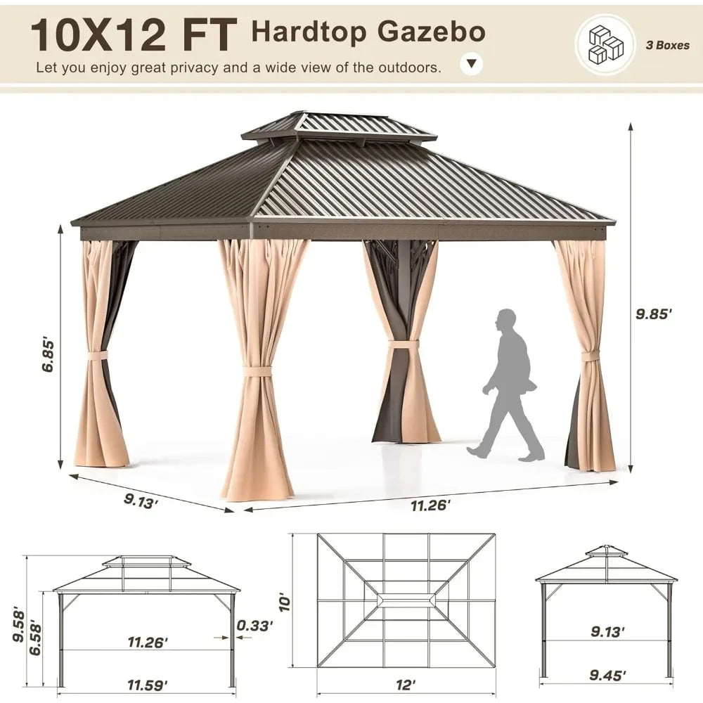 10x12 FT Hardtop Gazebo | Aluminum Frame with Galvanized Steel Double Roof | Permanent Outdoor Gazebo with Nettings and Curtains