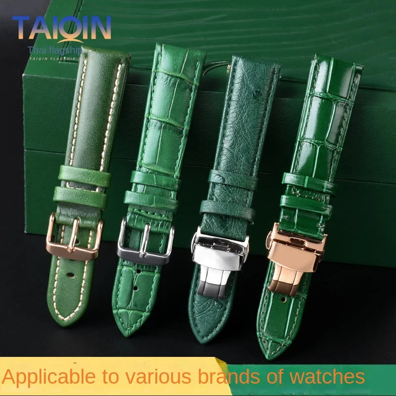 18mm 20mm 22mm High Quality Bamboo Pattern Soft Cowhide Strap | Men's Butterfly Buckle Ostrich Leather Green Watchband Bracelet | Alo Trendy