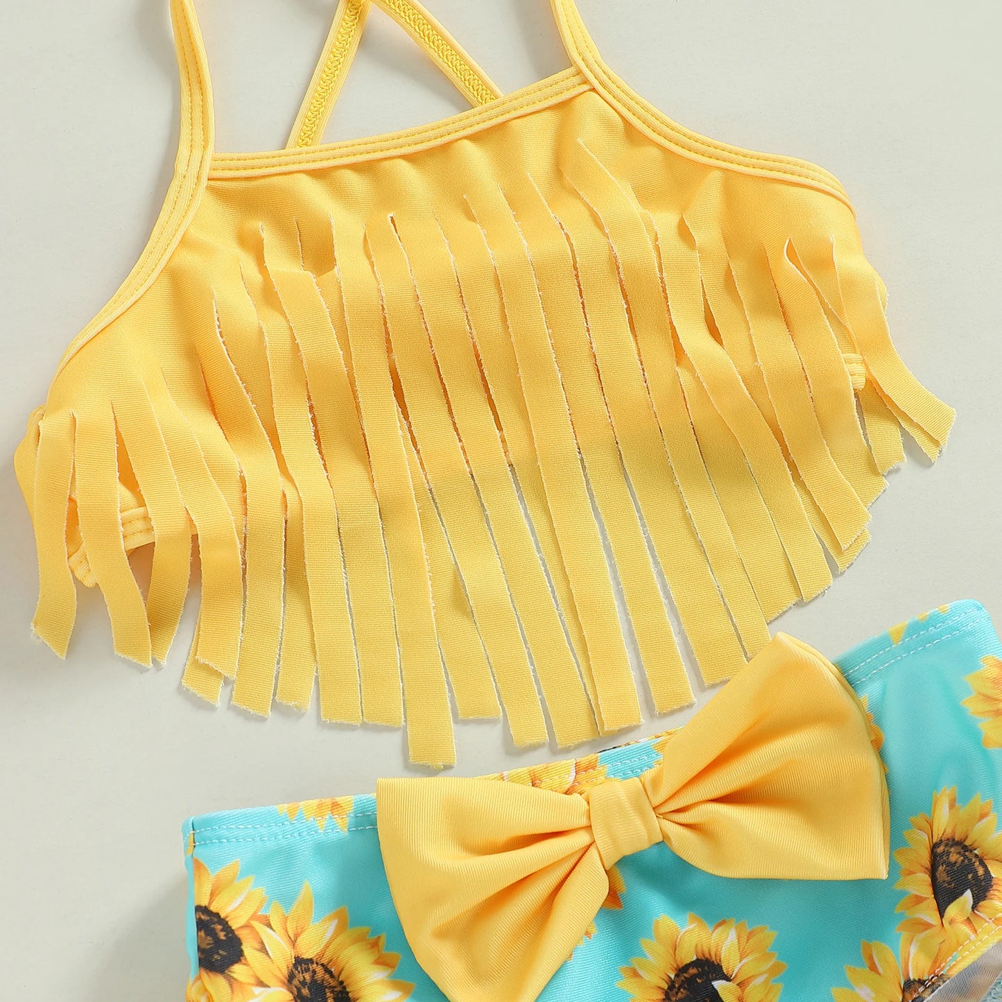 Kids Girls 3 Piece Swimsuits | Solid Color Tassel Sling Tank Tops | Sunflower Print Shorts | Bow Headband Bikini Split Swimwear Set | Alo Trendy