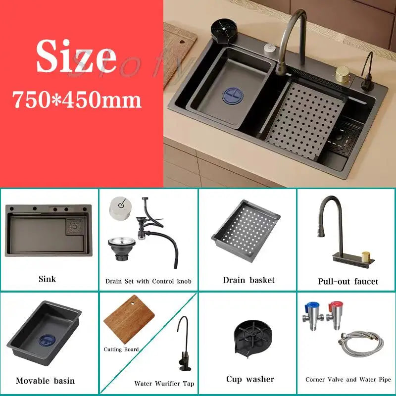 White/Balck/Grey 304 Stainless Steel Waterfall Kitchen Sink Single Bowl Wash Basin Home Sink Topmount  Workstation Drainage Set