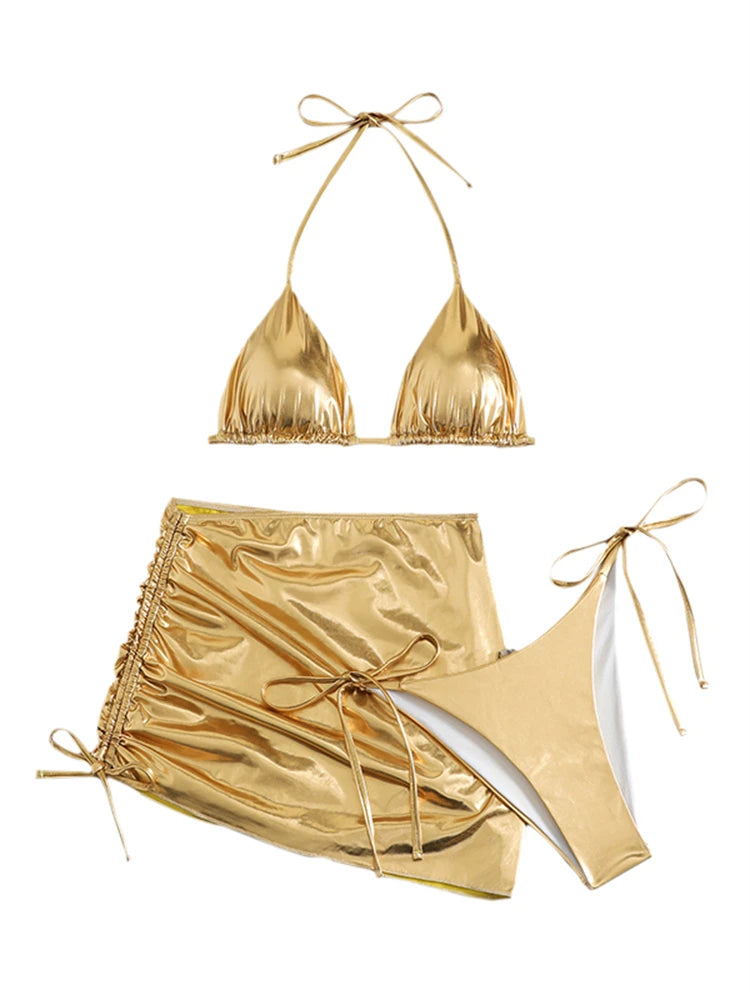 Bikini Women Swimsuit 2024 | New Gold Halter Lace Up Bikinis Set | Sexy Swimwear Beach Cover Up 3 Piece Beach Bathing Suit Female | Alo Trendy