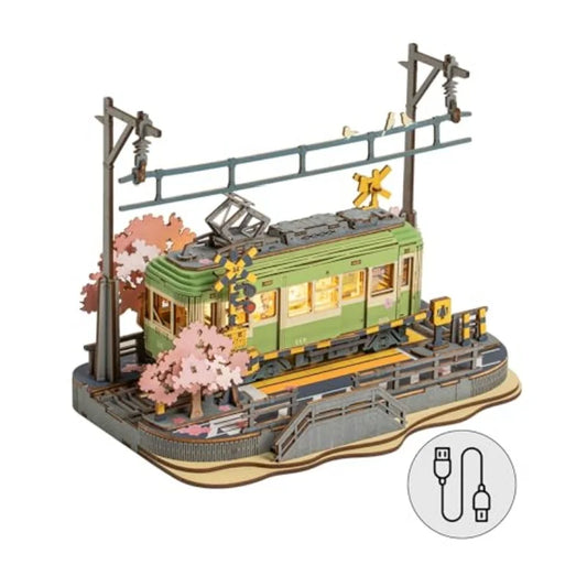 Robotime Model Kits Sakura Tram with LED Lights | 3D Wooden Puzzles Home Decor | Perfect Gift for Adults, Women, and Girls