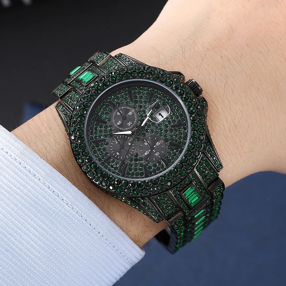 Luxury Men's Green Watches | Automatic Date Fashion Waterproof Quartz Wrist Watches | HipHop Iced Diamond Reloj