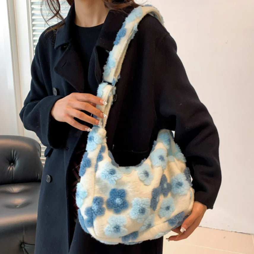 Winter Fluffy Ladies Tote Handbag Flower Print Furry Satchel 2023 Y2K Faux Fur Crossbody Bags Women's Plush Fashion Shoulder Bag