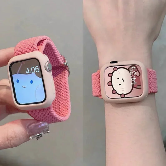 Korean Cute Braided Strap + Case for Apple Watch Band | 49mm, 45mm, 44mm, 41mm, 42mm, 40mm, 38mm | Nylon Bracelet for iWatch Series 9, 8, 7, 6, 5, 4, 3, SE | Alo Trendy