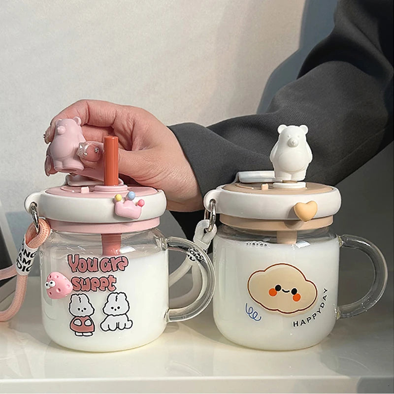 700ML Cute Bear Glass Water Cup With Handle Lid Jumbo Stirring Straw Juice Cups Portable Coffee Milk Double Drinking Mug Bottles | Alo Trendy