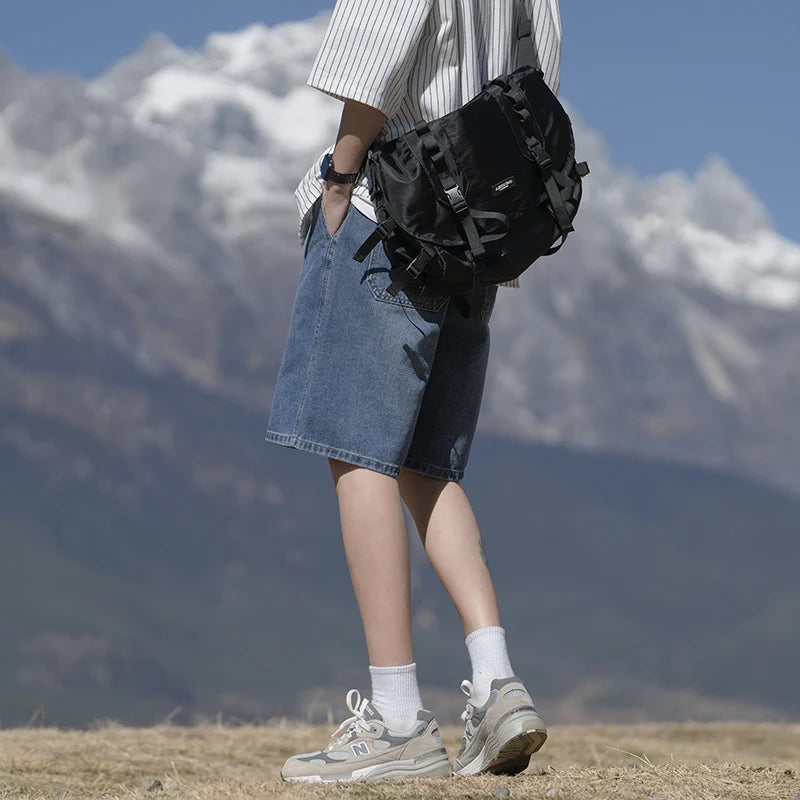 Men's Summer Baggy Straight Denim Shorts | Elastic Waist Fashion Casual Loose Shorts for Men | Light Blue