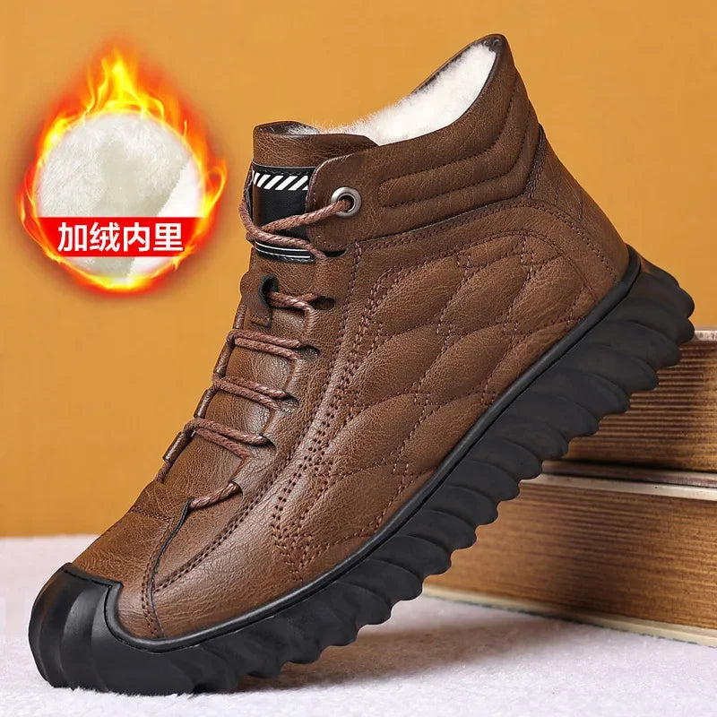 New Men’s Winter Boots | Fashion Plush Snow Boots | Waterproof & Warm Leather Lace-Up Casual Work Shoes