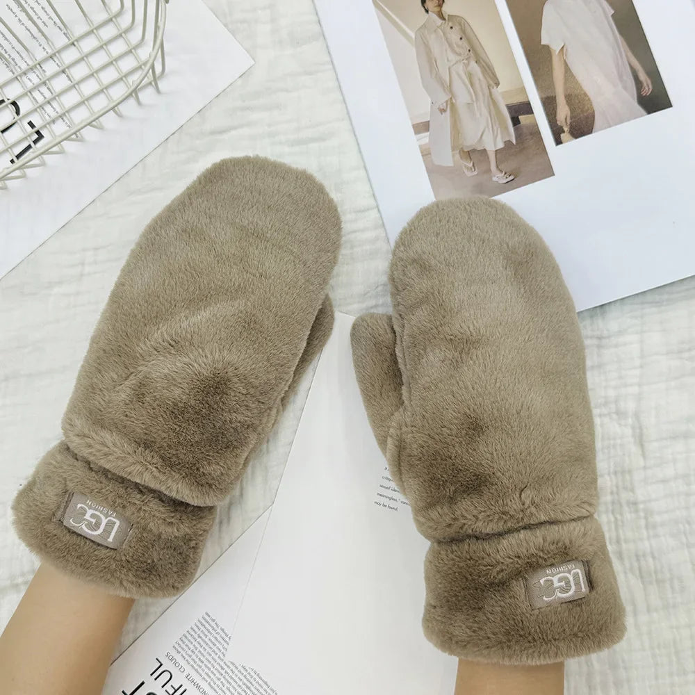 Winter New Simple Solid Color Thick Plush Warm Gloves for Students, Fashionable and Cute, Cold proof Finger Gloves