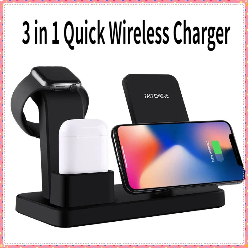 10W LED Fast Wireless Charger Stand | 3-in-1 Foldable Charging Station for iPhone 15/14/13/12/11, Apple Watch 9/8/7/6/5, and AirPods Pro