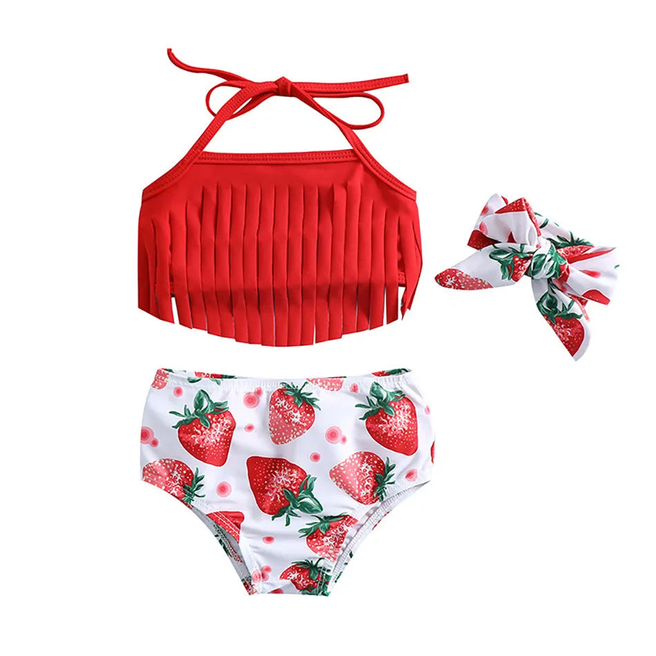 Children Quick-Dry Swimwear | Baby Strawberry Pattern 3 Piece Bikini Set | Girls Tassel Halter Swimsuit with Bottom and Headband | Alo Trendy