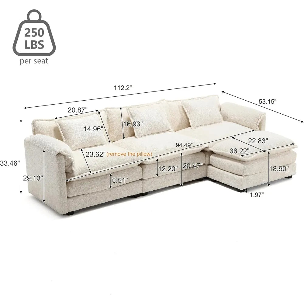 112" Oversized Sectional Sofa | Cloud Couch for Living Room | Modern Chenille L-Shaped Modular Sofa Sleeper