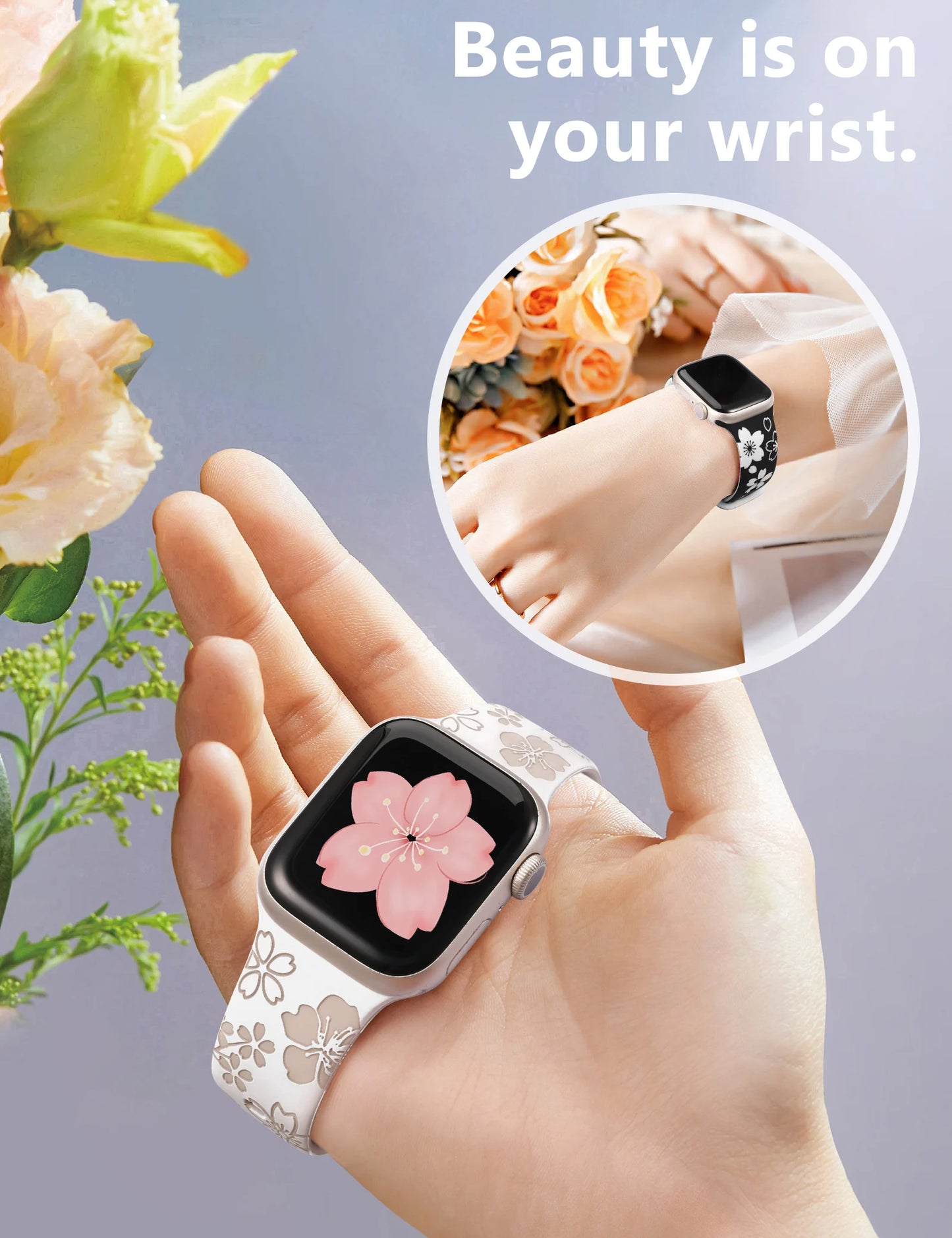 2pcs Floral Engraved Band for Apple Watch | Two-Tone Flower Strap for iWatch Ultra 9 8 7 6 5 4 3 2 SE | 45mm, 40mm, 38mm | Alo Trendy