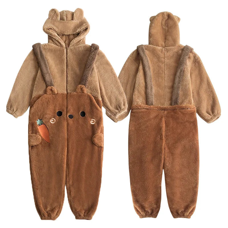 Winter Cute Plush One Piece Pajamas Women's Cartoon Carrot Bear Warm Hooded Zippered Pajamas Student Kawaii Couple Home Wear