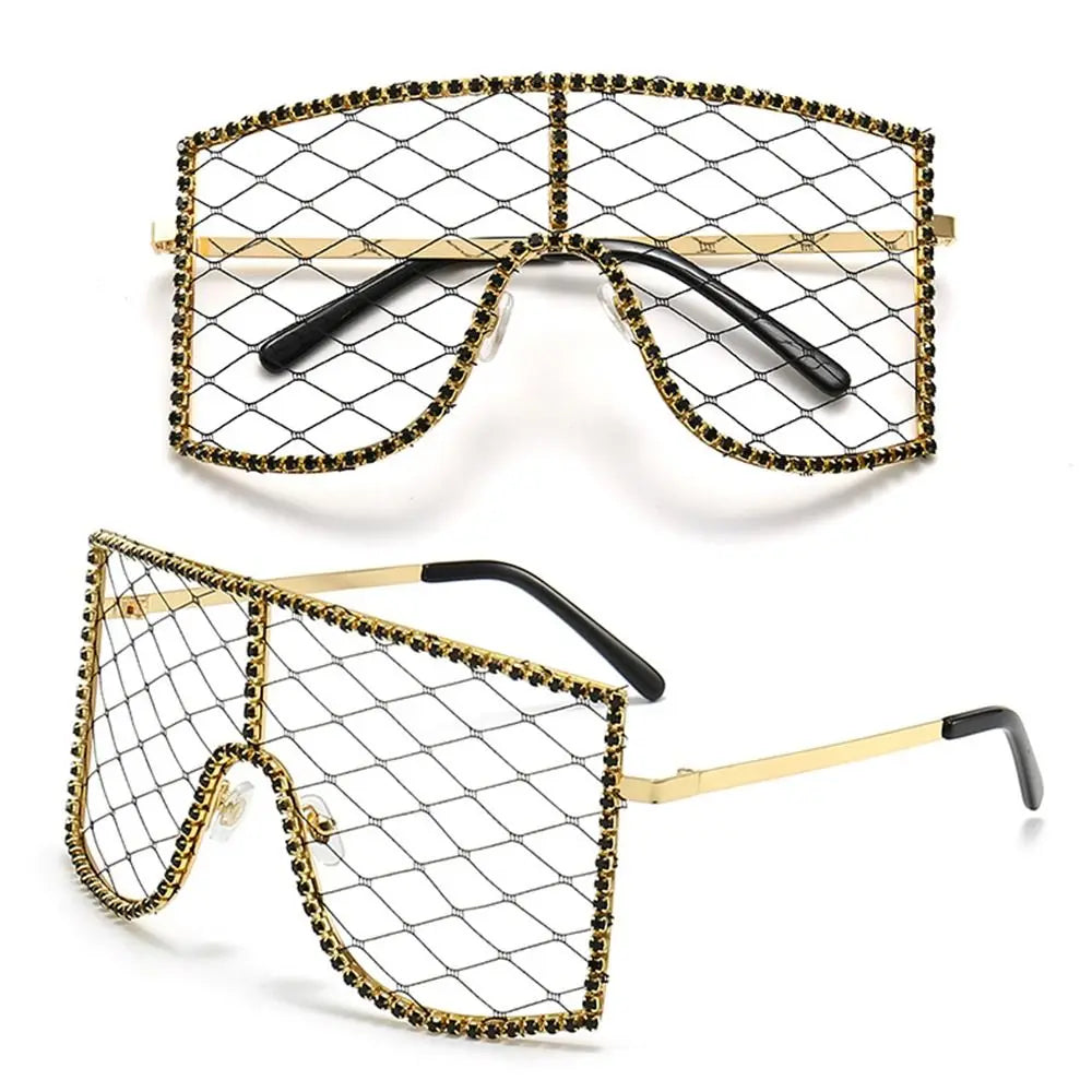 Oversized Rhinestone Mesh Glasses | Fashion Colorful Diamond Eyewear | Y2K Sunglasses for Party, Proms, Cosplay Costume