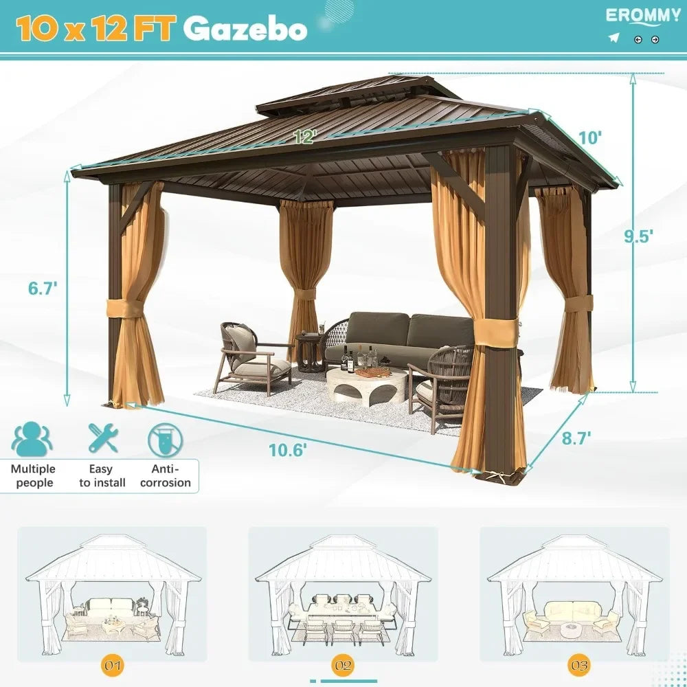 10' x 12' Hardtop Gazebo | Galvanized Steel Double Roof with Aluminum Frame | Permanent Outdoor Metal Pavilion