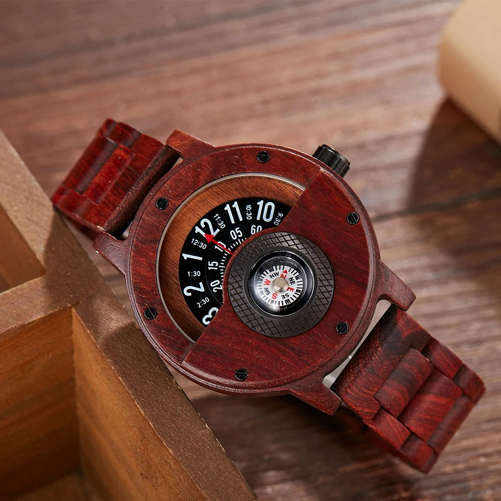 Turntable Compass Creative Wood Watch | Men's Dial in Real Walnut, Ebony, Bamboo | Unique Wooden Watches for Men | Brown and Black Wrist Clock