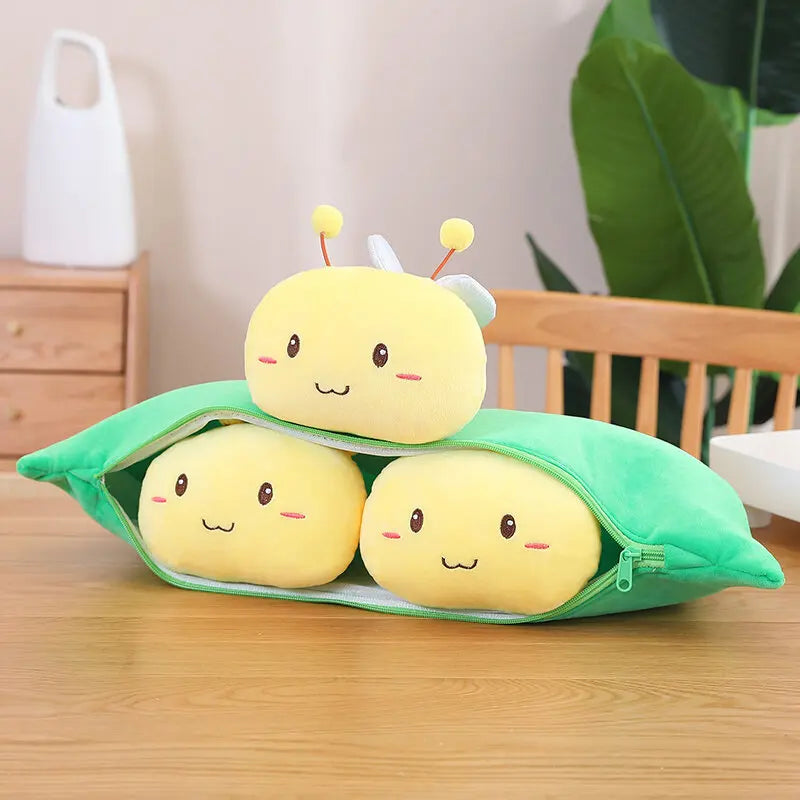 Cute Kids Baby Plush Pea Inside with Bee Toy | Stuffed Plant Doll Kawaii Gift for Children | Pea-Shaped Pillow Toy for Boys and Girls