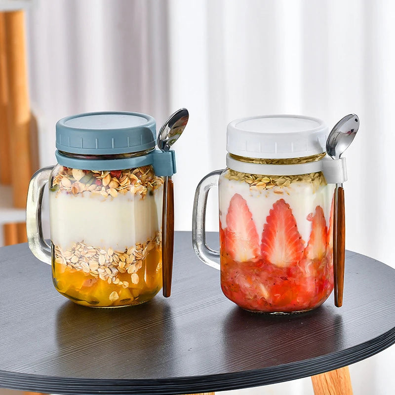 Portable Overnight Oat Glass Cup Water Mug With Spoon Breakfast Salad Can Yogurt Tumbler Heat Resistant Juice Milk Cup | Alo Trendy