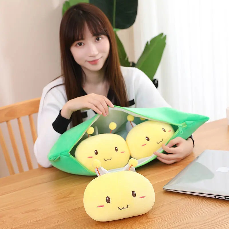 Cute Kids Baby Plush Pea Inside with Bee Toy | Stuffed Plant Doll Kawaii Gift for Children | Pea-Shaped Pillow Toy for Boys and Girls