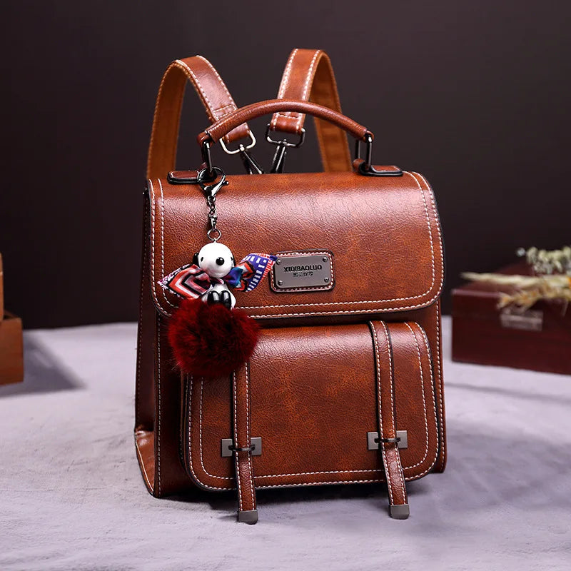 Vintage Women's Backpack 2024 New PU Leather Girls Shoulder Bag Multifunctional Large Capacity Crossbody Bags Student Backpacks