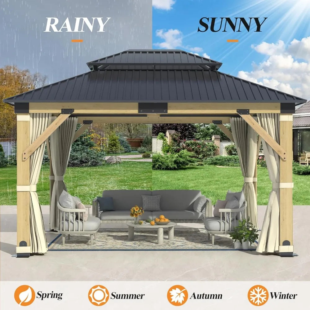 11'x13' Patio Wooden Gazebo | Galvanized Steel Roof with Privacy Curtains & Netting | Double Vented Hardtop Gazebo