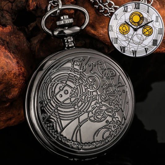 Famous Movie Time Lord Portable Watches | Space Exploration Hero Design Quartz Pocket Watch | Black Vintage Cosplay Gifts with Chain