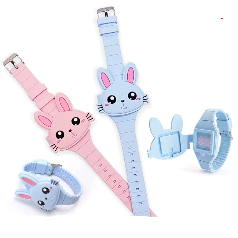 Cute Rabbit Cartoon Kids Watches for Girls | Flip Cover Electronic Children Watch | Women Student Girls Clock | Reloj Infantil Saati