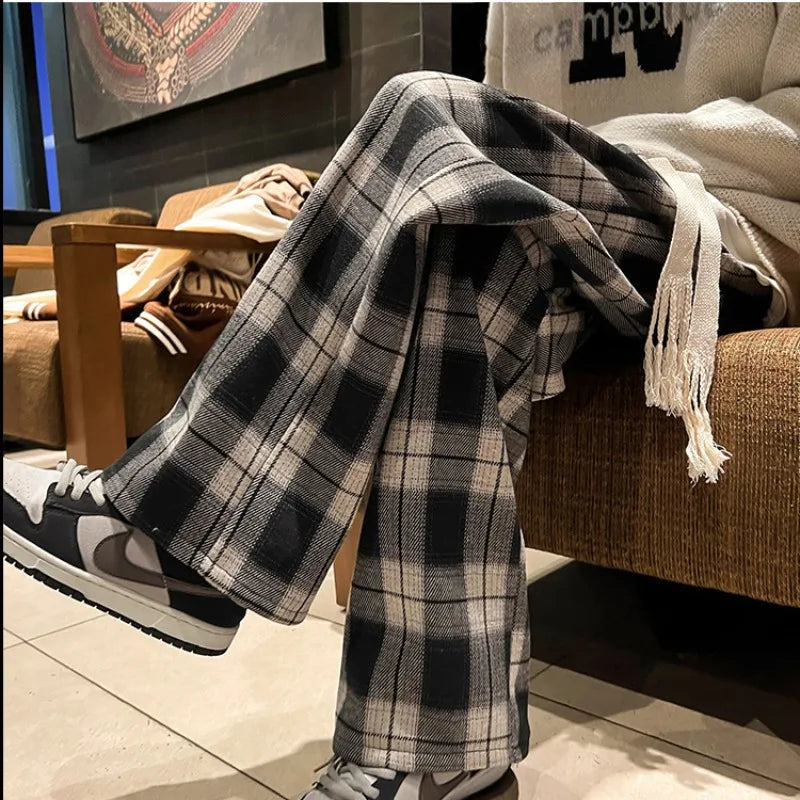 Men's Winter Retro Plaid Wide-Leg Trousers | Harajuku High Street Loose Plus Fleece Thick Straight Casual Pants