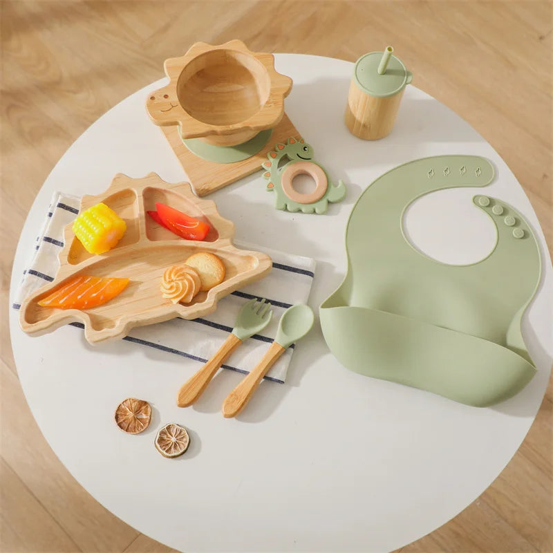 Baby Wooden Tableware Feeding Set | Bamboo Dinosaur Plate Bowl Silicone Wooden Handle Fork Spoon Baby Dinnerware Feeding Supplies | Alo Trendy