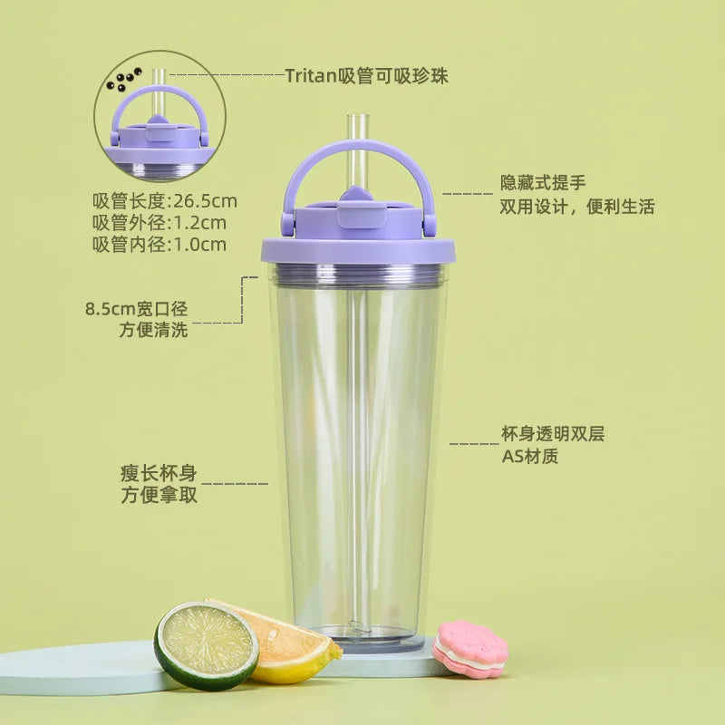 Reusable Double Wall 700ml Clear Plastic Cup | Cold Cup with Straw and Lid | Kawaii Water Bottle | Perfect for Summer Drinks | Alo Trendy