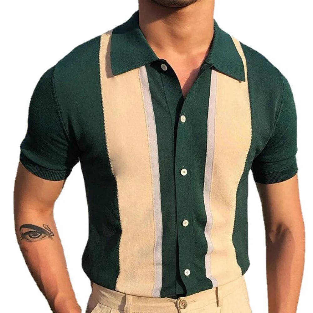 Elevate Your Style with New Men's Lapel Contrasting Color T-shirt | Single-Breasted Cardigan Knitted Short-Sleeved POLO Shirt