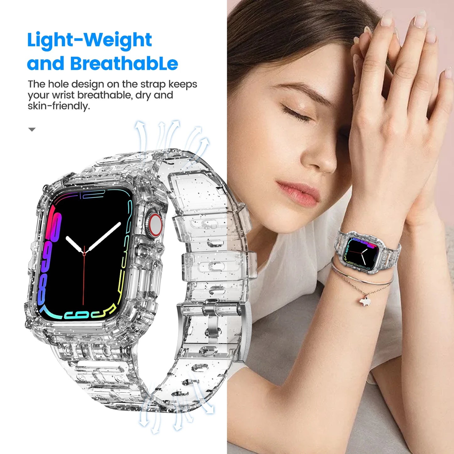 Clear Band + Case for Apple Watch Series 8, 7, 6, SE, 5, 3, 2 | Soft Transparent Silicone Strap for iWatch | Available in 40mm, 44mm, 42mm, 41mm, 45mm, 38mm