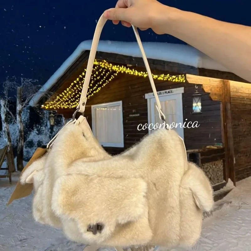 Winter Furry Tote Bag Stylish Design With Multiple Pockets Under Underarm Bag High End Hand Held Shoulder Crossbody