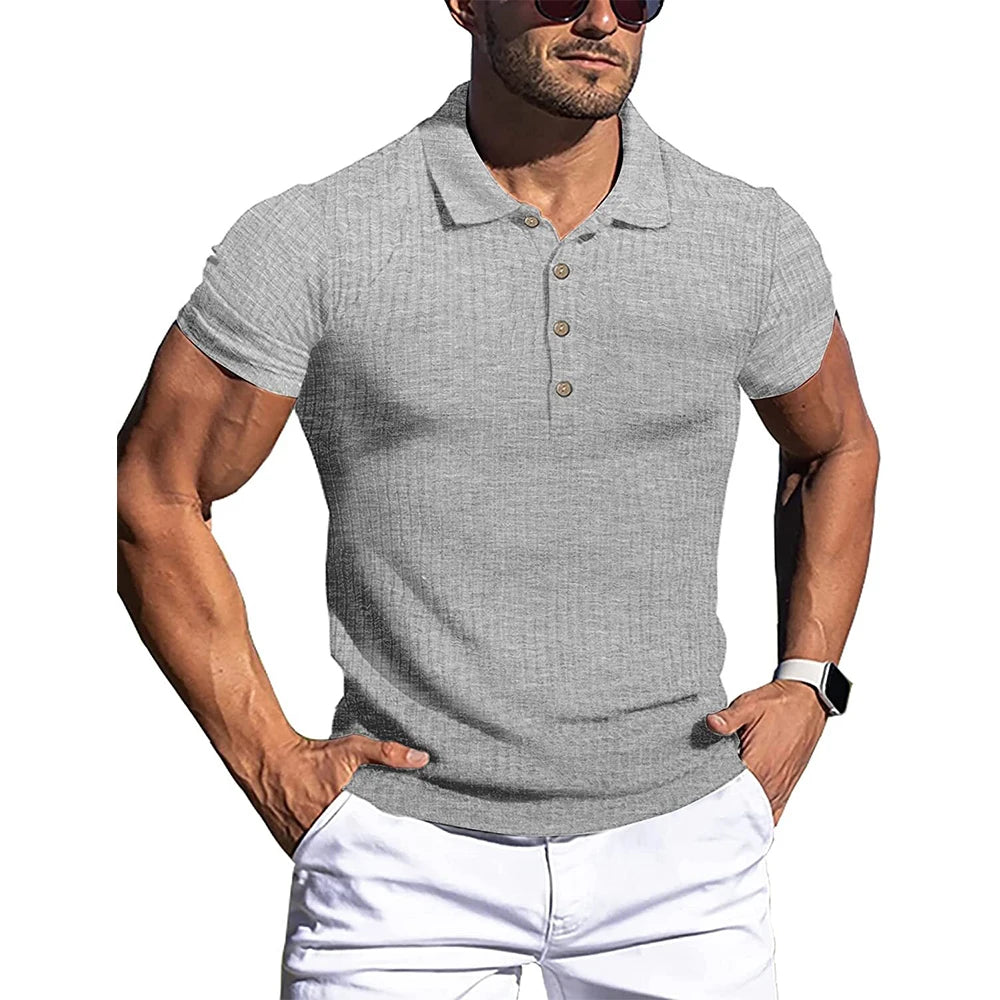 New Summer Polo Men Solid Stripe Fitness Elasticity Short Sleeve Polo Shirts | Fashion Stand Collar Men's Shirts | Versatile Colors for a Stylish Look