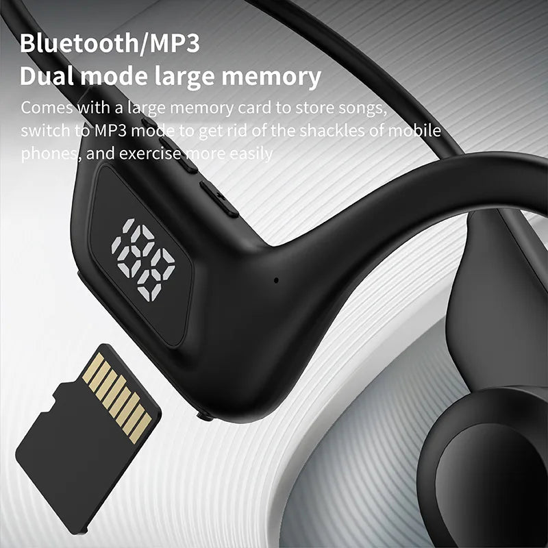 Digital Display Bone Conduction TWS Wireless Bluetooth Earphones with MP3 Memory Card | Behind-the-Neck Running Sports Headphones