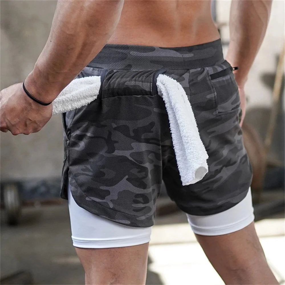 Men's Gym Sports Shorts | Jogging Running Breathable Fitness Exercise Double Layer with Hidden Pocket | Casual Camouflage Shorts