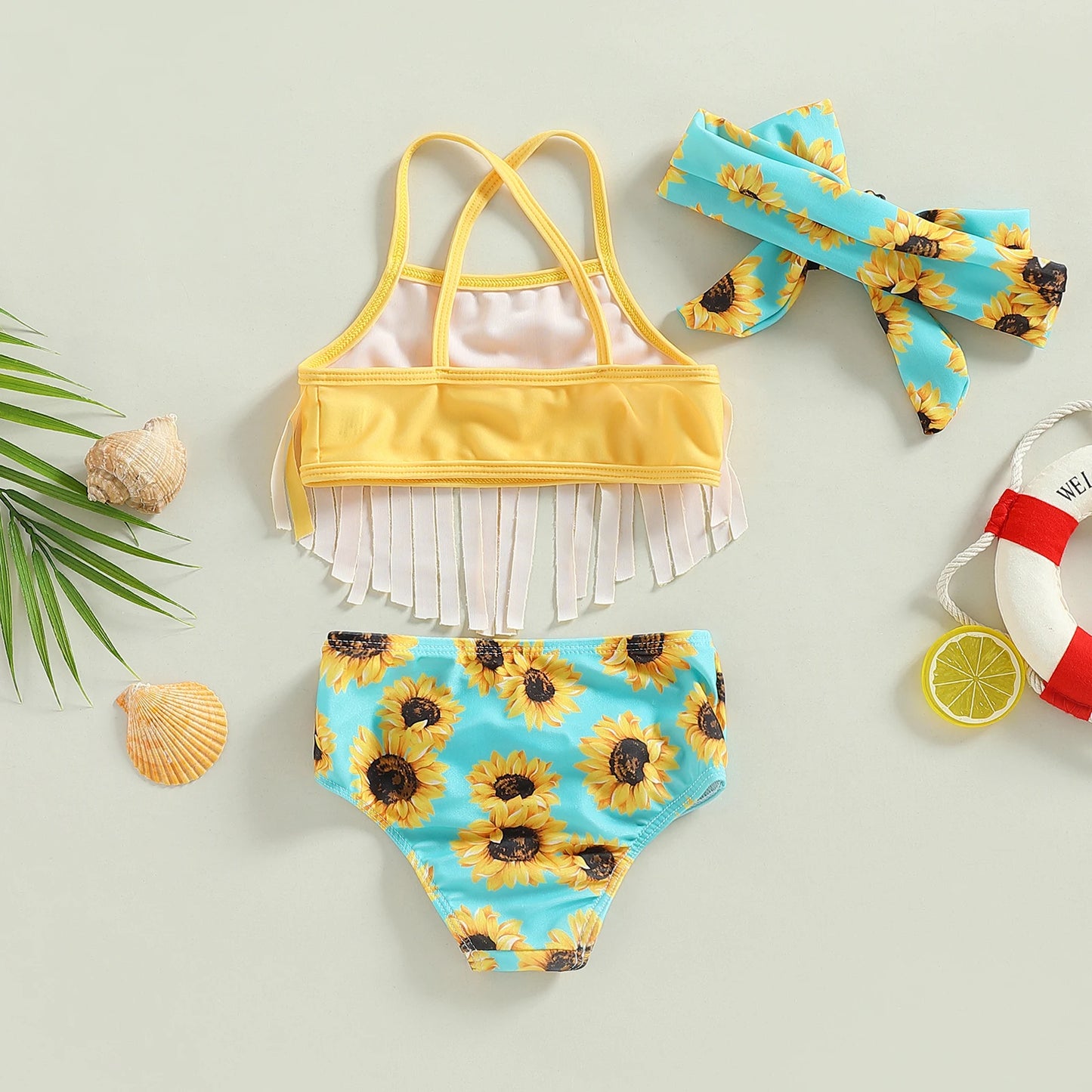 Kids Girls 3 Piece Swimsuits | Solid Color Tassel Sling Tank Tops | Sunflower Print Shorts | Bow Headband Bikini Split Swimwear Set | Alo Trendy