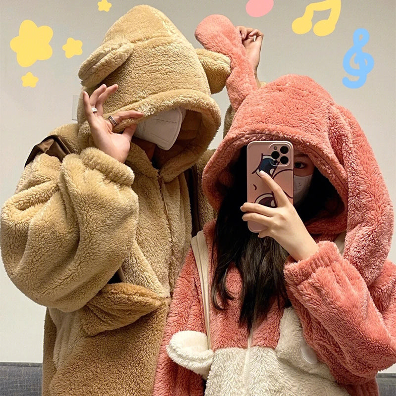 Winter Cute Plush One Piece Pajamas Women's Cartoon Carrot Bear Warm Hooded Zippered Pajamas Student Kawaii Couple Home Wear